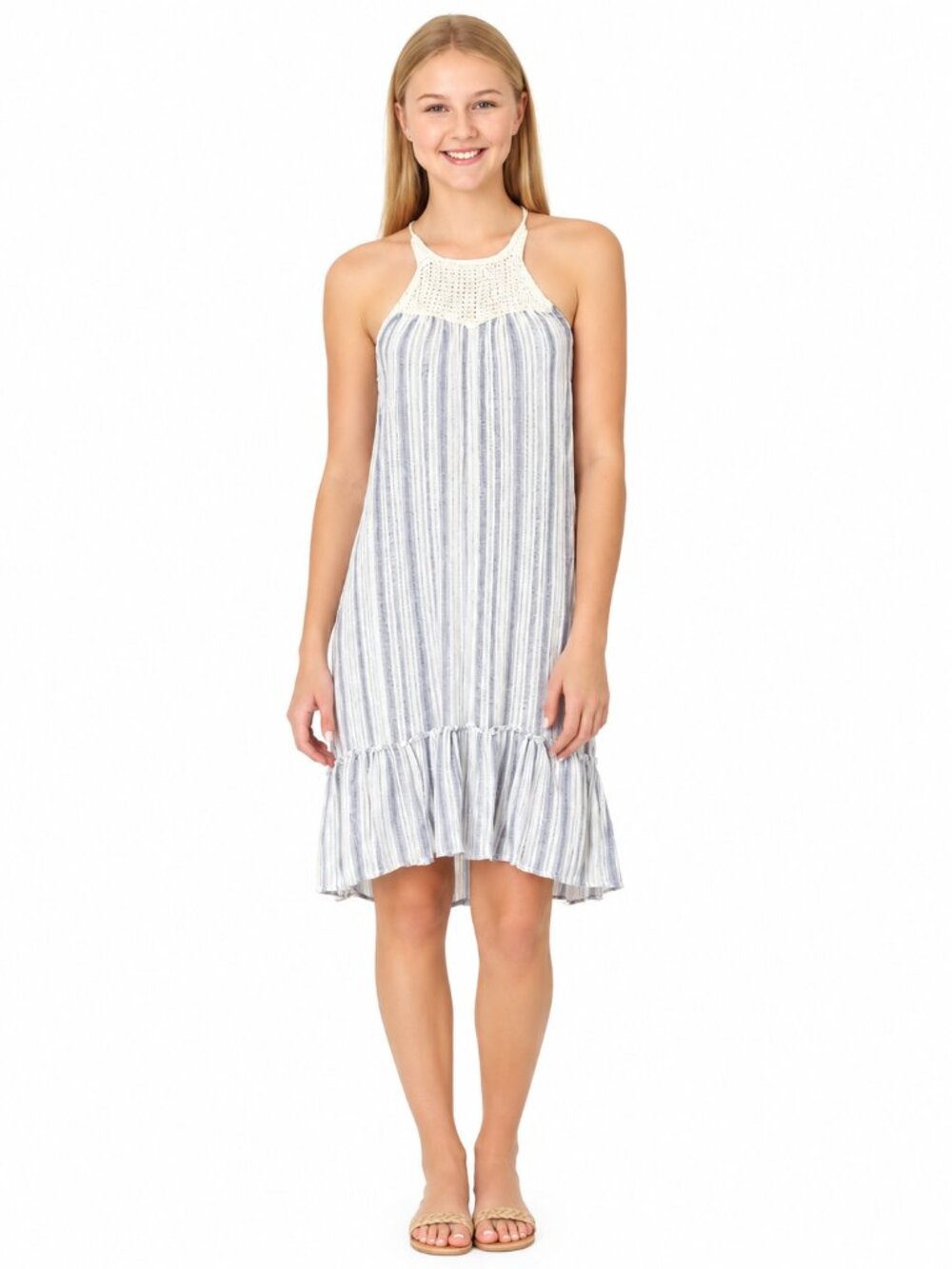 Billabong Blue White Striped Halter Hi-Lo Sundress Size M